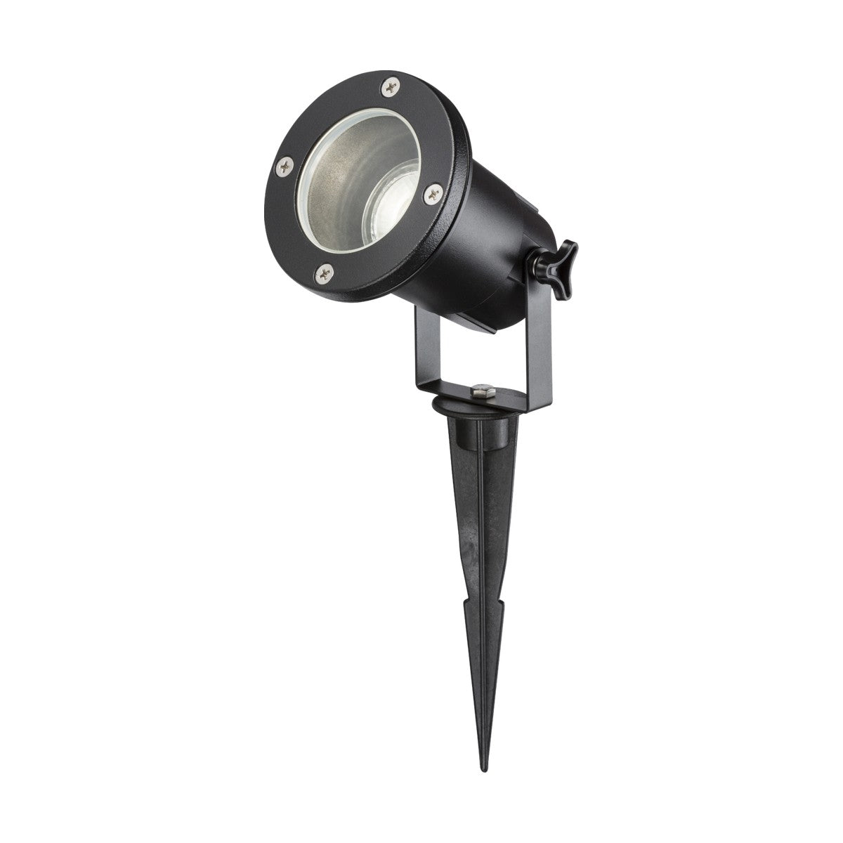 The IP65 GU10 Ground Spike - Black boasts a black metal casing and bracket, effortlessly mounted on an IP65 garden spike to ensure durability. The light directs upward with a circular lens, featuring intricate screw details on the rim for optimal outdoor performance.