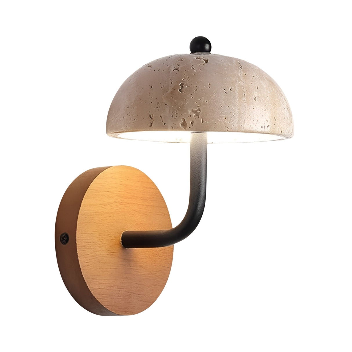The Marvella LED Dome Travertine Wall Light in Walnut Brown & Light Beige features a round wooden base, curved black metal arm, and dome-shaped beige stone shade, shown wall-mounted against a white background.