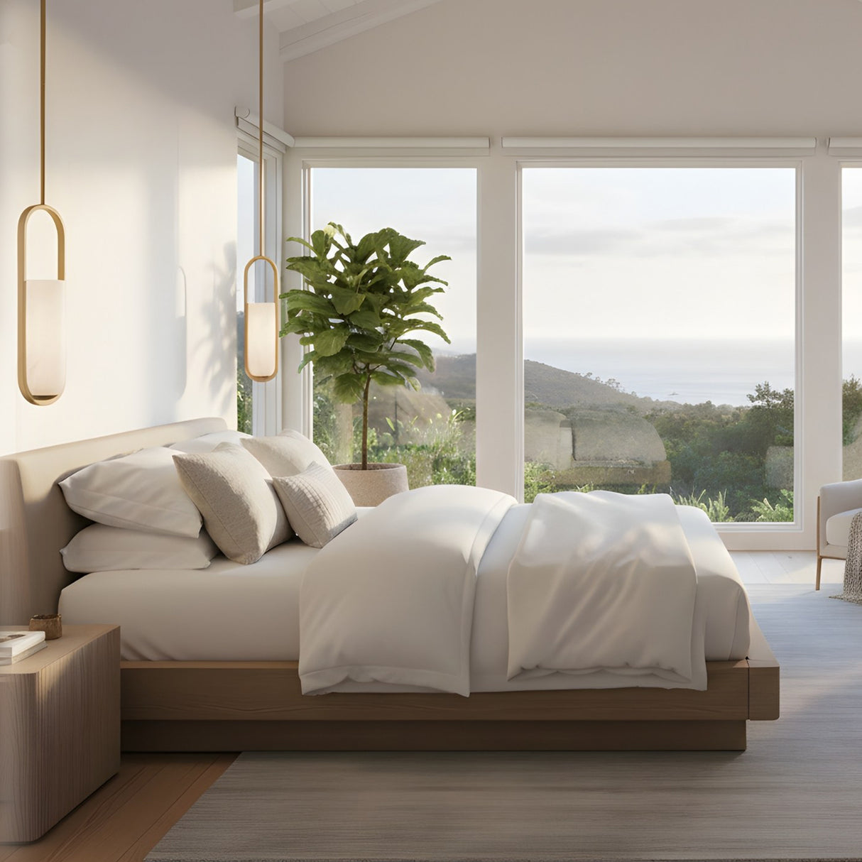 Eliona Capsule alabaster pendant lights in brushed brass hanging in a bright bedroom with white bedding, wooden bed frame, and coastal view windows.