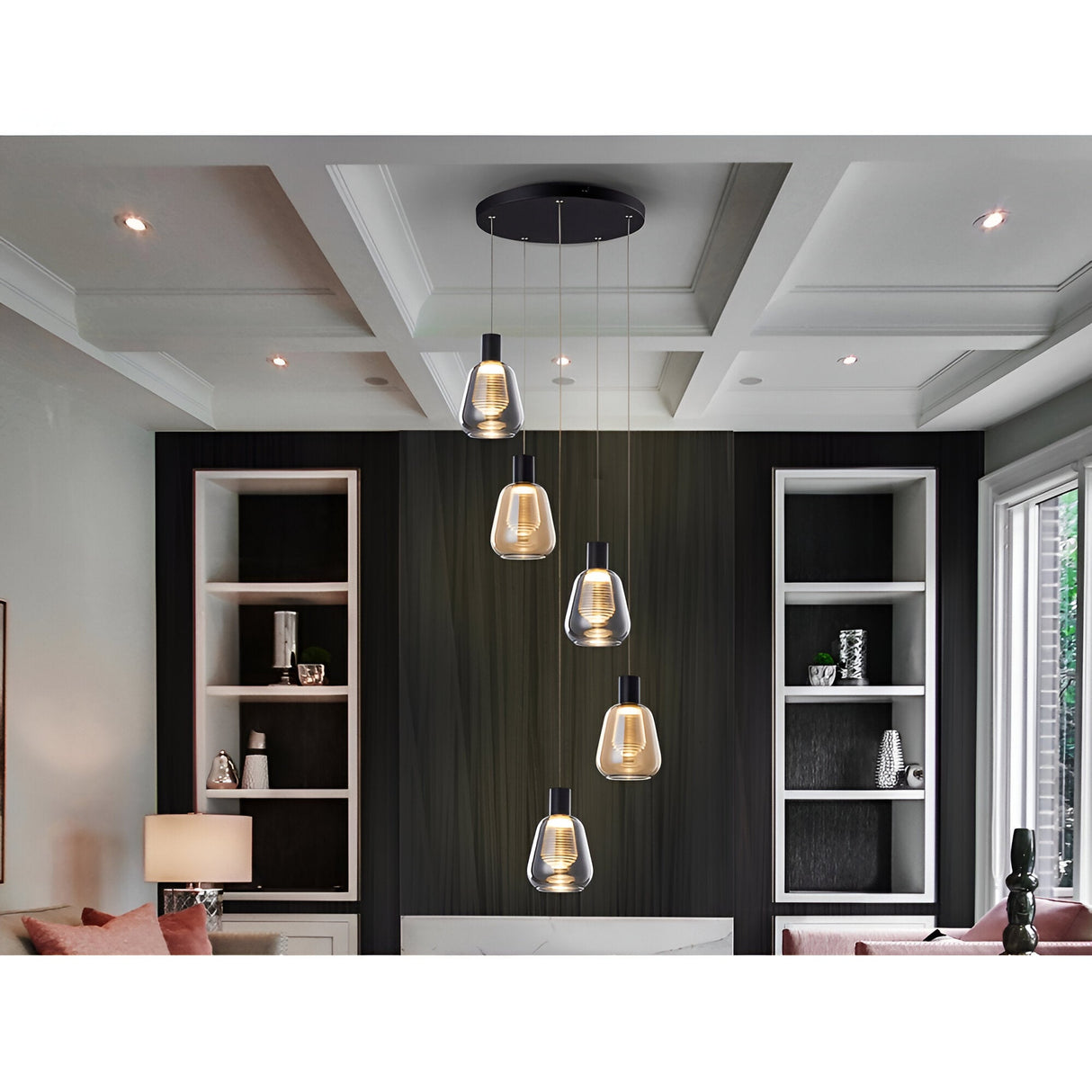 Carisa 5 Light LED Glass Cluster Pendant Light 25W 3000K - Black/Ambler