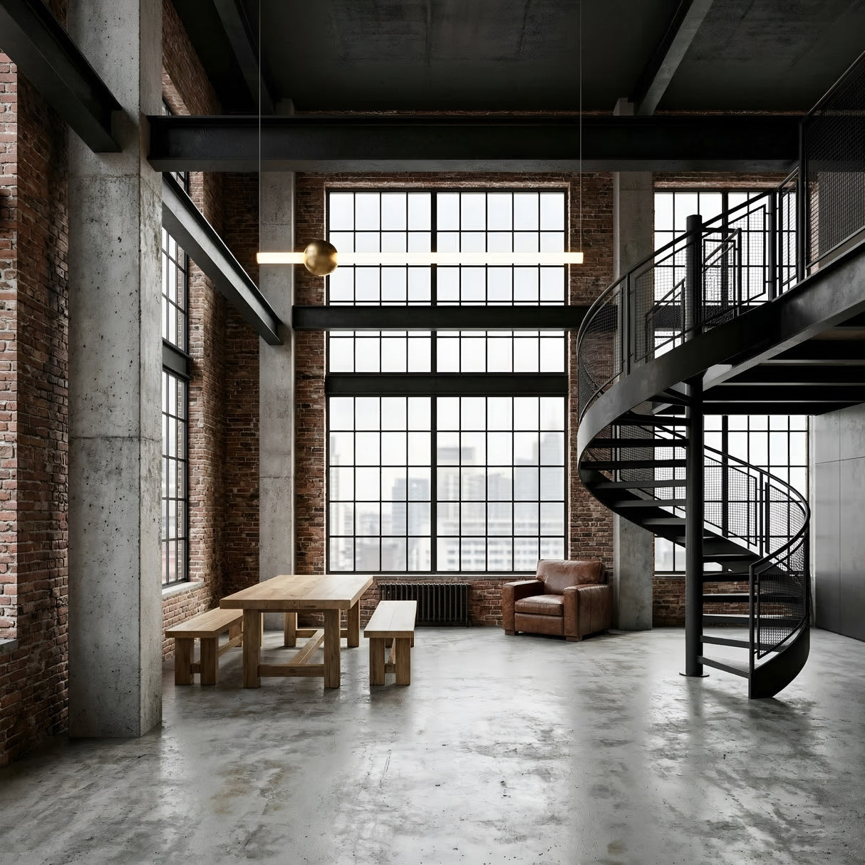 Spacious industrial loft with grid windows, exposed brick walls, concrete floors, a wooden dining table with benches, a leather armchair, and the Sottile LED Horizontal Suspension Light in gold accenting the black spiral staircase to the upper level.