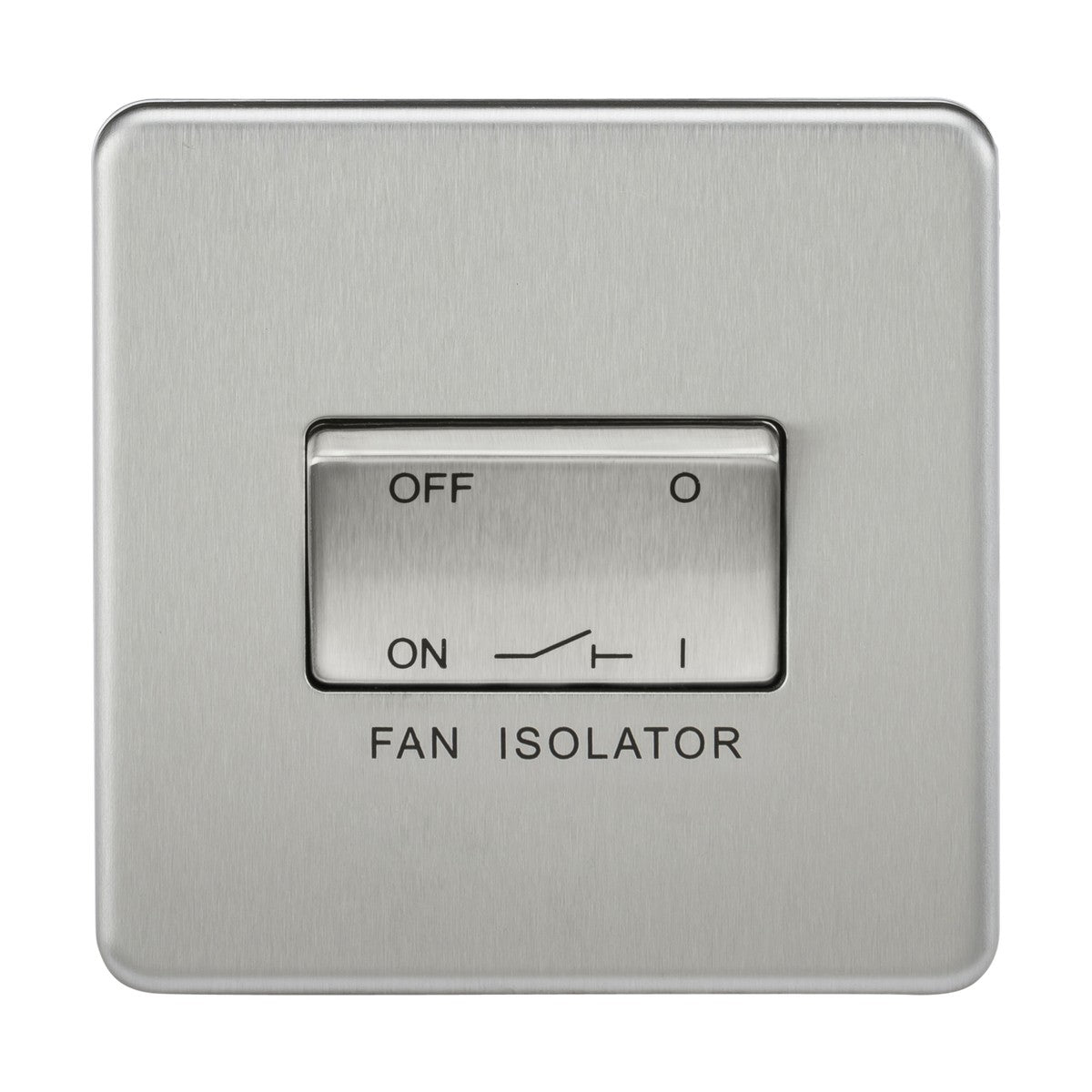 The 10AX Fan Isolator Switch in brushed chrome features a screwless, low-profile design with an on/off toggle. The faceplate includes labels for ON, OFF, and FAN ISOLATOR, with the switch set to the OFF position.
