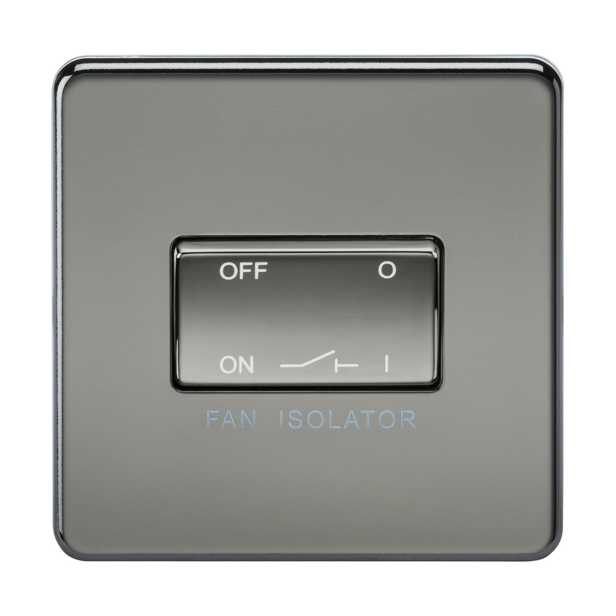 The 10AX Fan Isolator Switch in sleek metallic black nickel with a screwless design adorns the wall, displaying OFF and ON markings. The switch is set to OFF, with FAN ISOLATOR elegantly printed below.