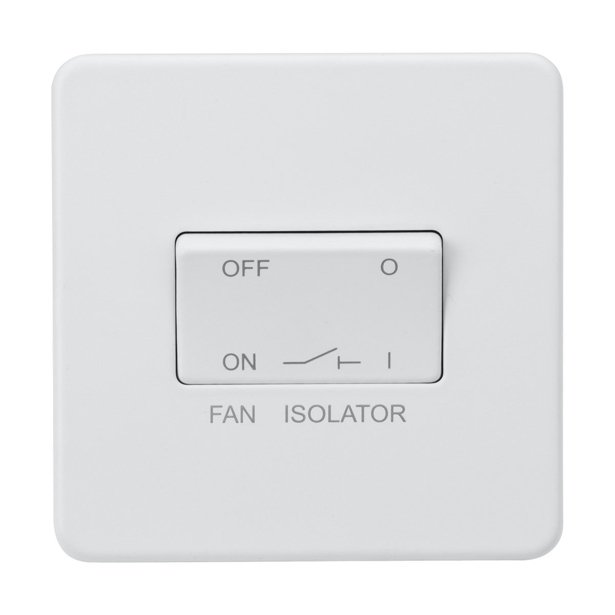 The 10AX Fan Isolator Switch - Matt White (Screwless) features a minimalist design with a matt white finish. It offers two positions, Off and On, on a sleek square plate labeled Fan Isolator, seamlessly blending into any modern decor.