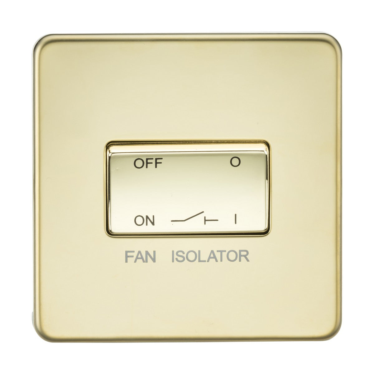 The 10AX Fan Isolator Switch in Polished Brass (Screwless) showcases a sleek metal design. It features ON and OFF labels, presently set to the OFF position, with "FAN ISOLATOR" elegantly inscribed below.