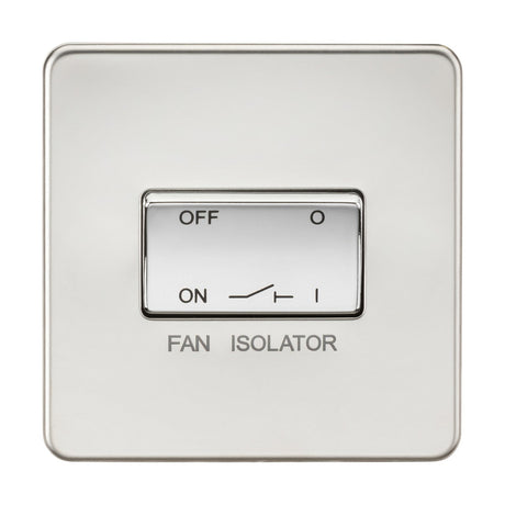 The 10AX Fan Isolator Switch in polished chrome boasts a sleek, screwless low profile design with positions labeled ON, OFF, and I. It is currently set to the OFF position, and the words FAN ISOLATOR are stylishly engraved below the switch for effective fan unit isolation.