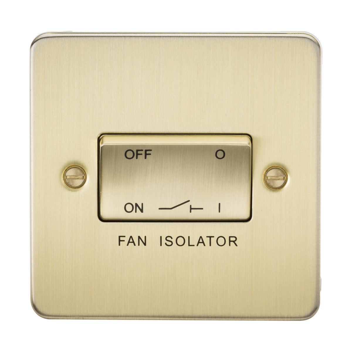 The 10AX Fan Isolator Switch in brushed brass features a minimalist design with ON and OFF positions. It has a triple-pole configuration, two side screws, and an elegantly labeled FAN ISOLATOR on the flat plate.
