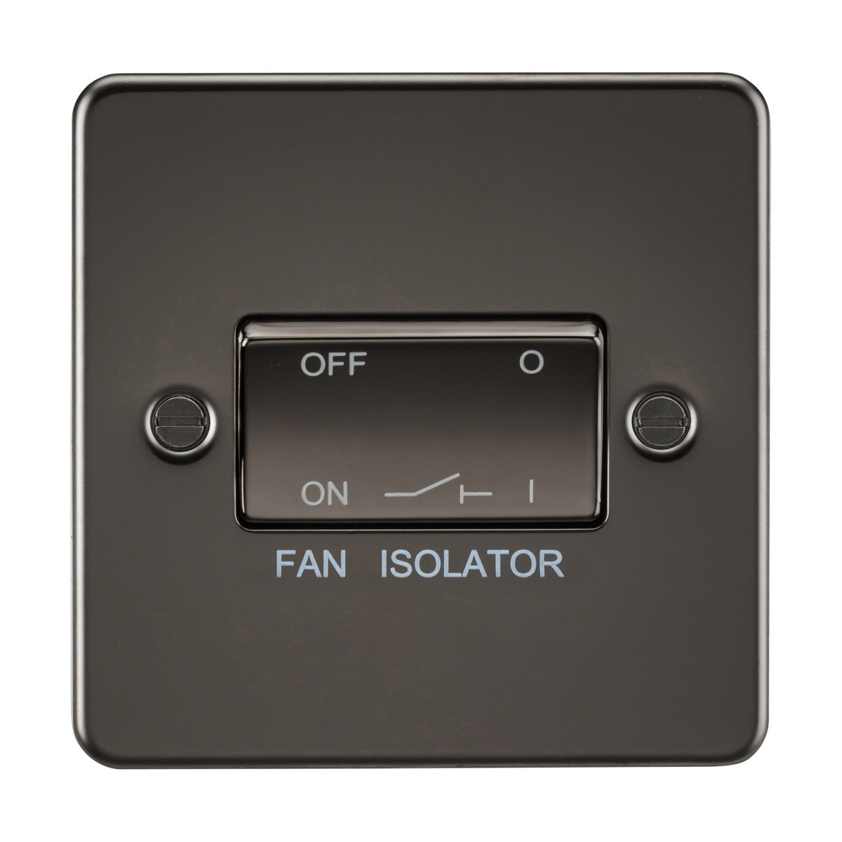The 10AX Fan Isolator Switch in a stylish gunmetal flat plate design features a labeled on-off toggle and triple-pole configuration, currently in the Off position.