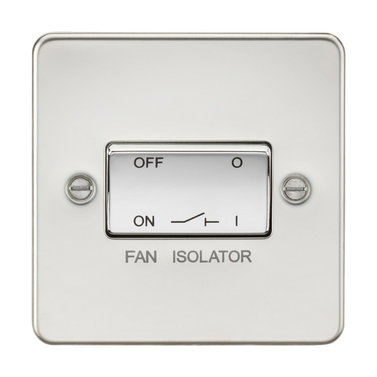 A 10AX Fan Isolator Switch with a polished chrome flat plate design, featuring a sleek rectangular appearance on a white background. This low-profile metal switch is labeled with OFF at the top and ON at the bottom and includes a small diagram showing the on/off positions.