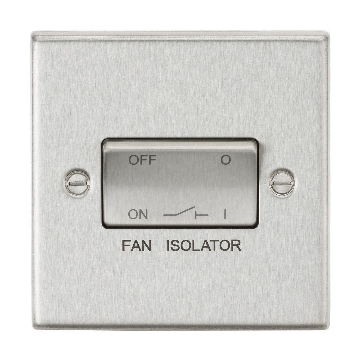 The 10AX Fan Isolator Switch in brushed chrome with a square edge design features two visible screws and is clearly labeled with ON and OFF, currently positioned in the ON setting.