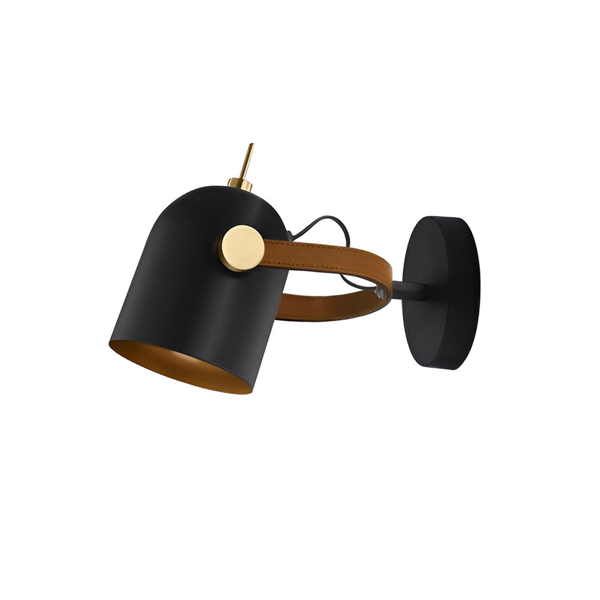 The Adame Single Revolving Spotlight – Black/Brown is a modern wall-mounted reading light with a matte black shade, gold accents, and a brown leather strap connecting the shade to its round wall base.