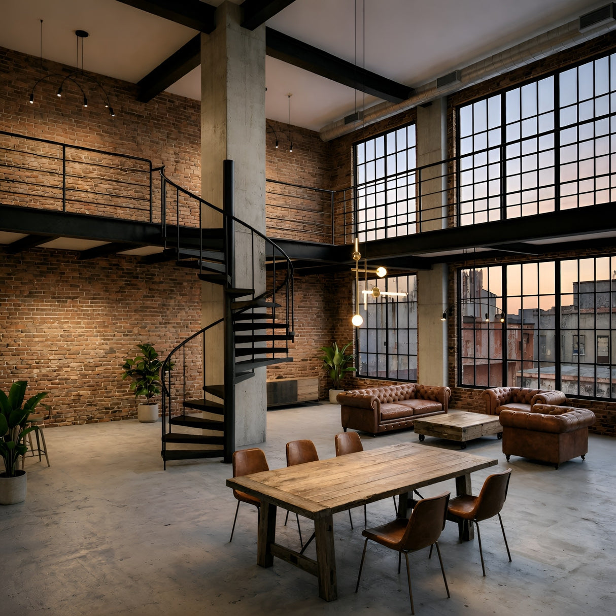 A spacious industrial loft with large grid windows, exposed brick walls, a black spiral staircase, leather sofas, potted plants, and a wooden dining table with chairs. The Sottile LED Combination Suspension Light in gold adds elegance as city buildings glow at sunset.