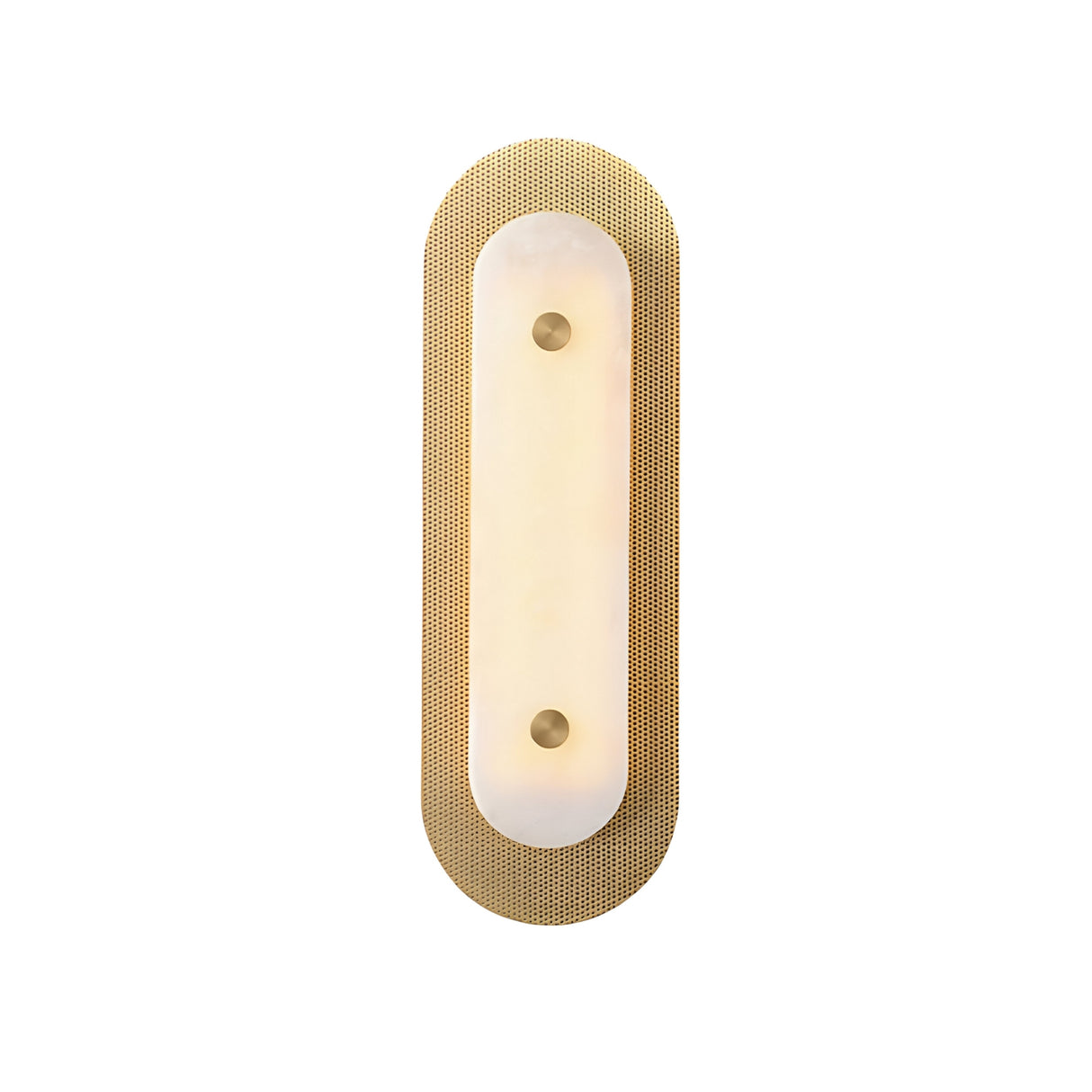 The Avelora LED Small Capsule Alabaster Wall Light features a modern minimalist design with an elongated oval shape, soft white frosted glass center, and a brass perforated metal frame.