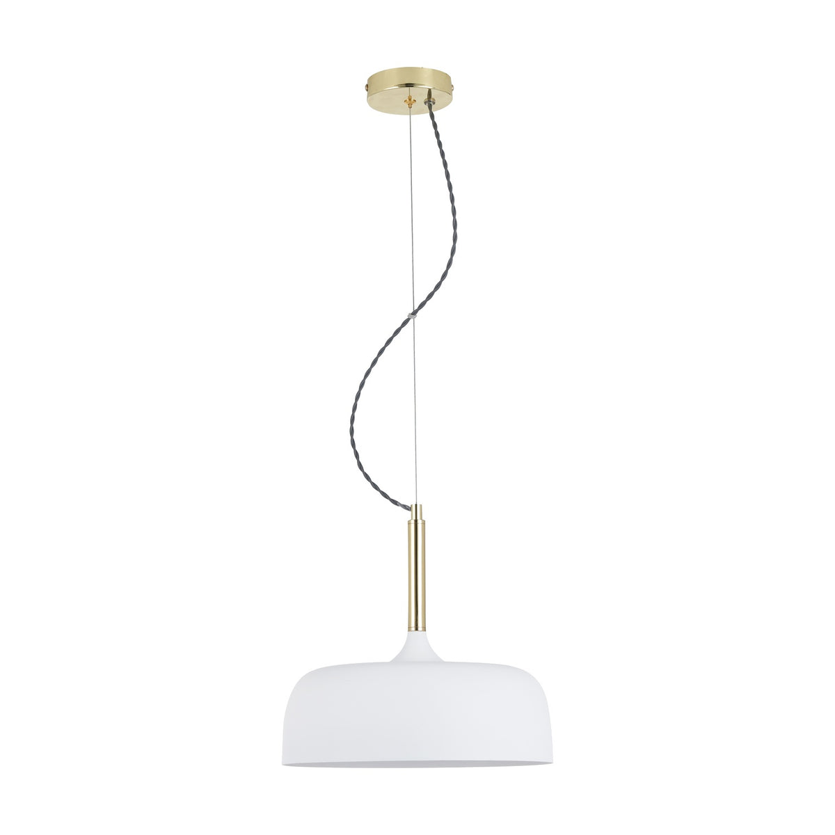 Anke Matt White Domed Iron Pendant Light, 32cm, with a wide domed shade, brass-toned fitting and cable, shown on a plain white background.