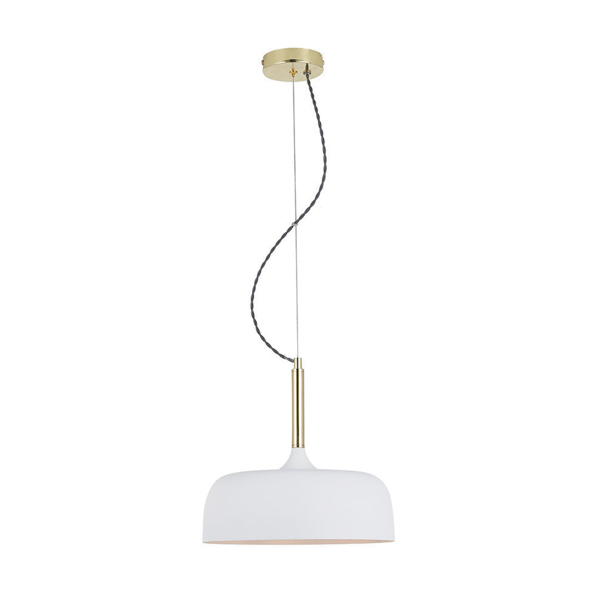 Anke Matt White Domed Iron Pendant Light, 32cm, with a brass ceiling rose and braided cord above the round white shade, shown on a plain white background.