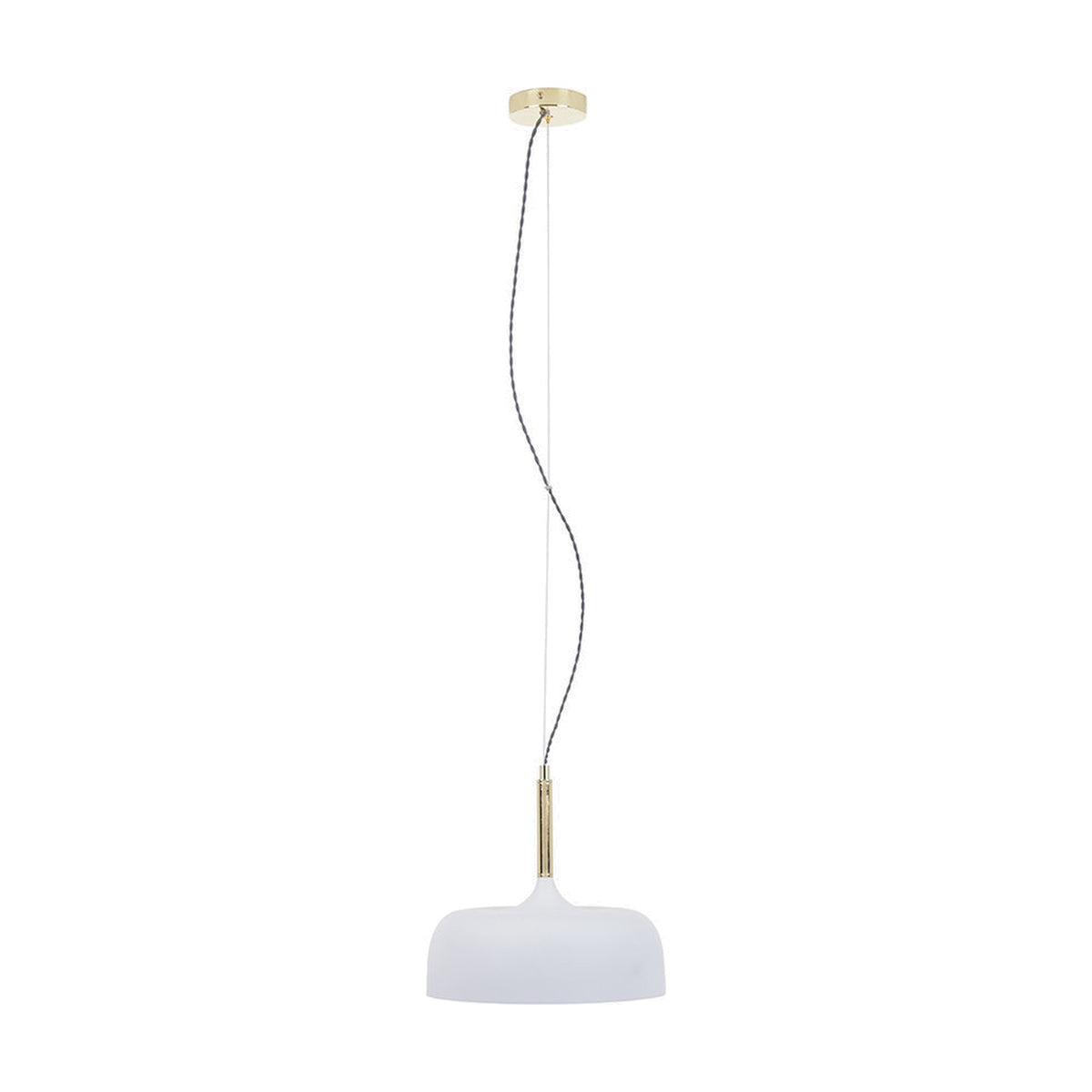 Anke Matt White Domed Iron Pendant Light, 32cm wide dome shade with brass-tone gallery and braided cable on a plain white background.