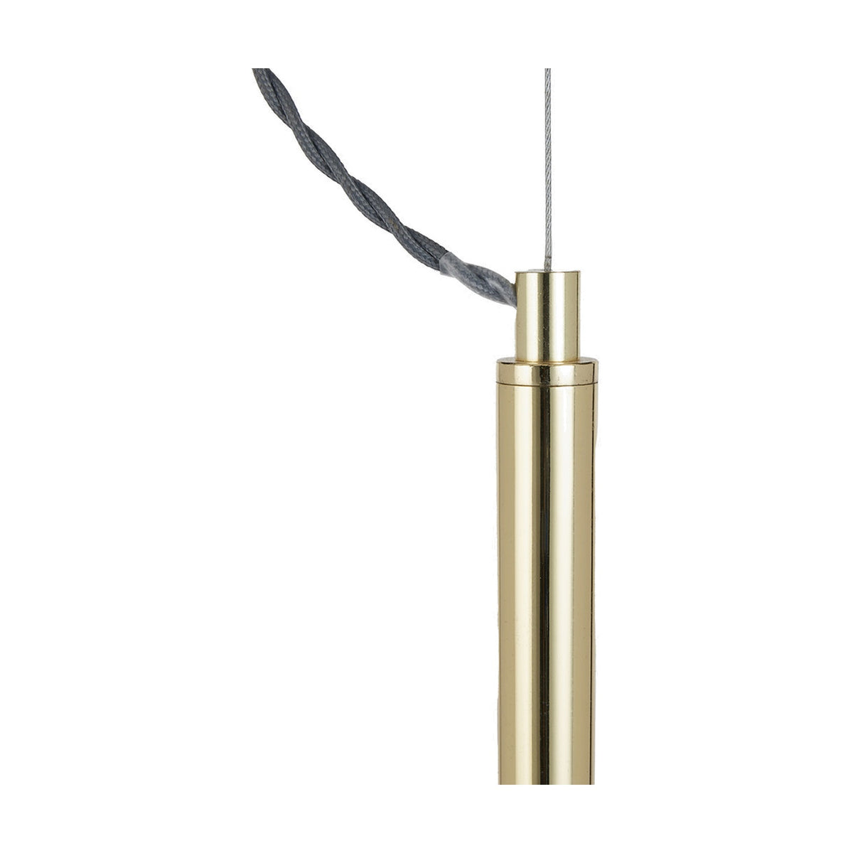Close-up of the Anke pendant light's brass-toned cylindrical fitting with grey braided cable and thin wire suspension, shown against a plain white background.