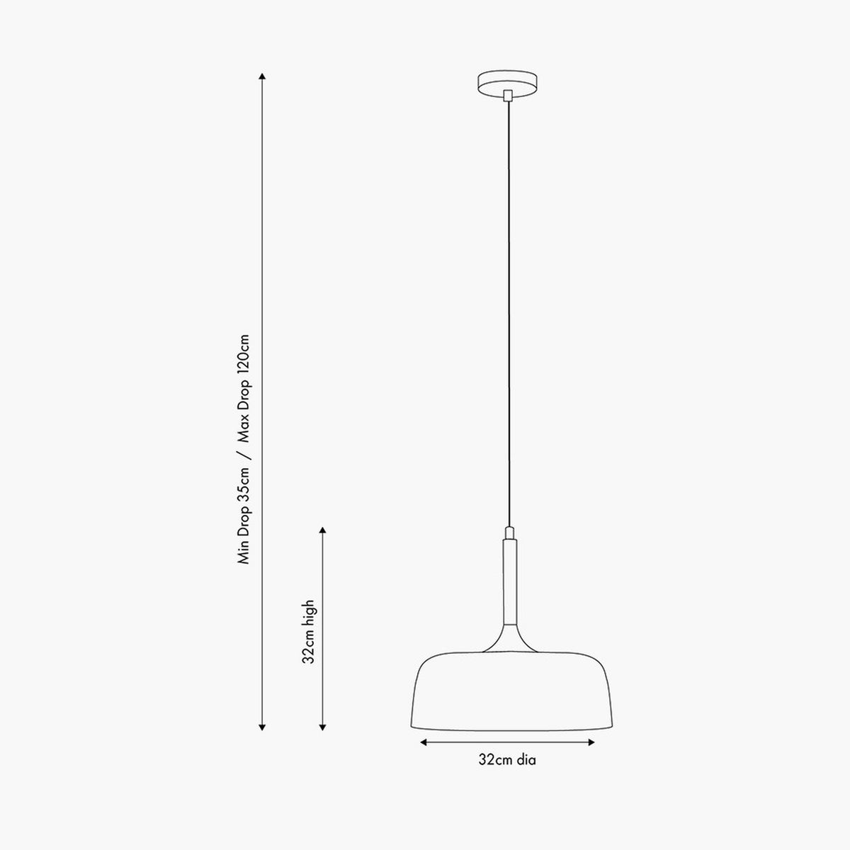 Anke Matt White Domed Iron Pendant Light, 32cm dia dome shade on a slim rod suspension with ceiling rose, shown as a line diagram with drop and size measurements on a plain background.
