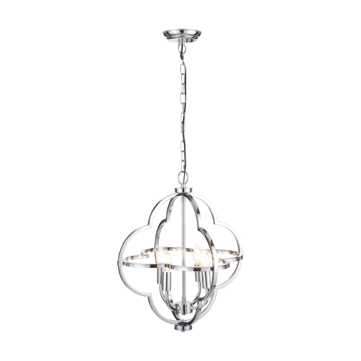 Amine Chrome 4 Light Fleur De Lys Pendant, 47cm, a chrome steel ceiling light with a quatrefoil frame and four exposed candle-style bulbs, hung from a chain on a plain white background.