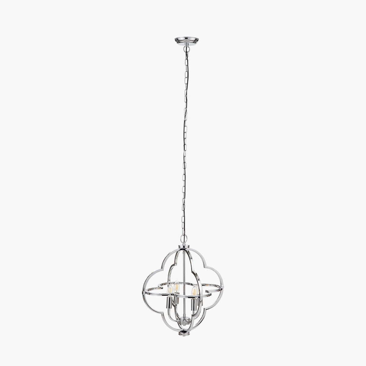 Amine Chrome 4 Light Fleur De Lys Pendant, 47cm, with a quatrefoil steel frame and four exposed bulbs, hung on a long chain against a plain white background.