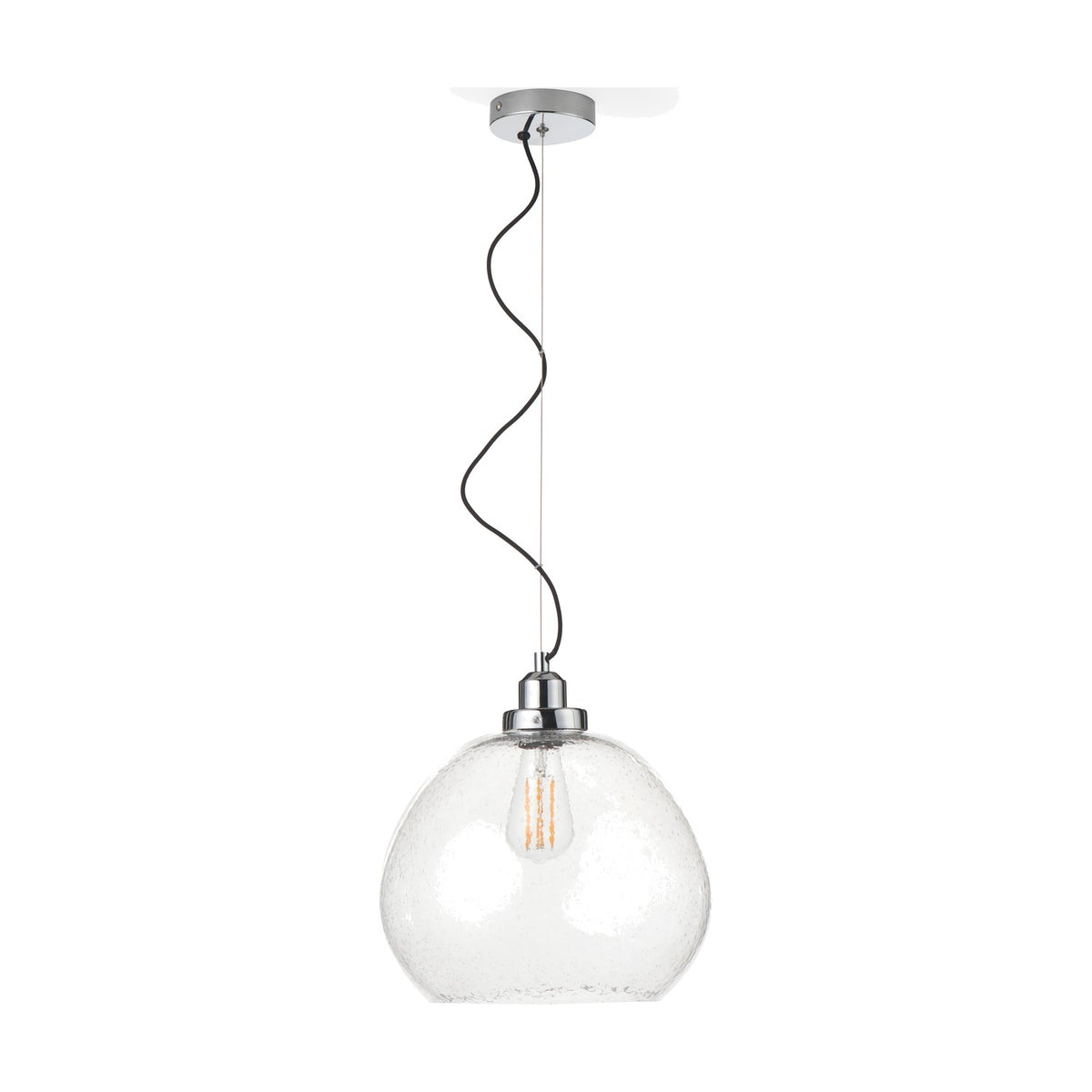 Beja Organic Shape Clear Bubble Glass Pendant Light (30cm) with chrome fitting and ceiling rose on a black cord, shown against a plain white background.