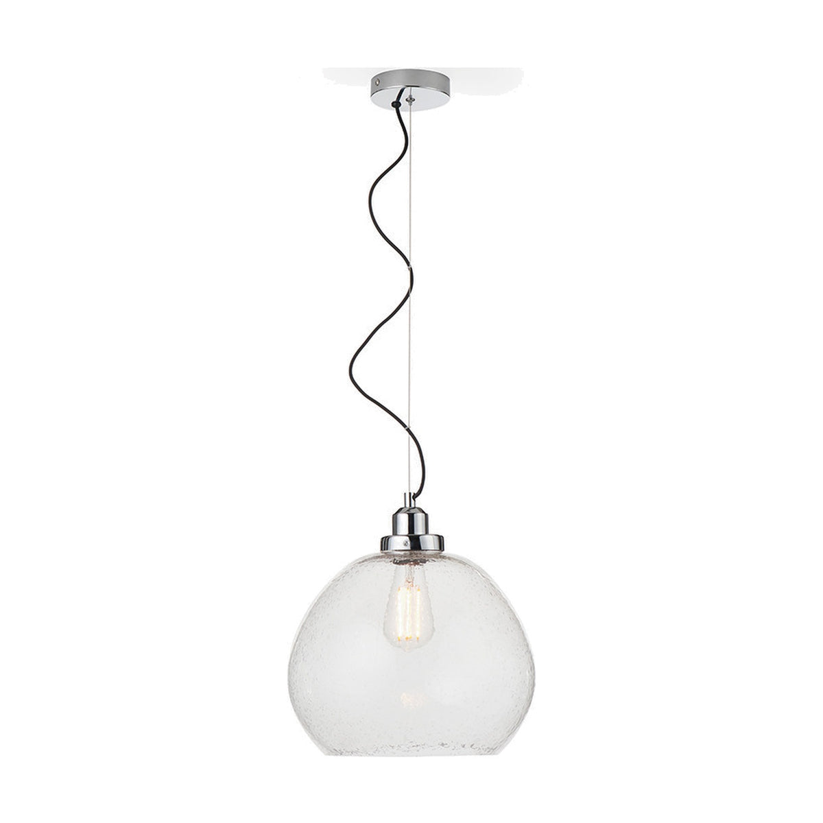 Beja Organic Shape pendant light with a round 30cm clear bubble glass shade on a chrome fitting and black cord, shown against a plain white background.