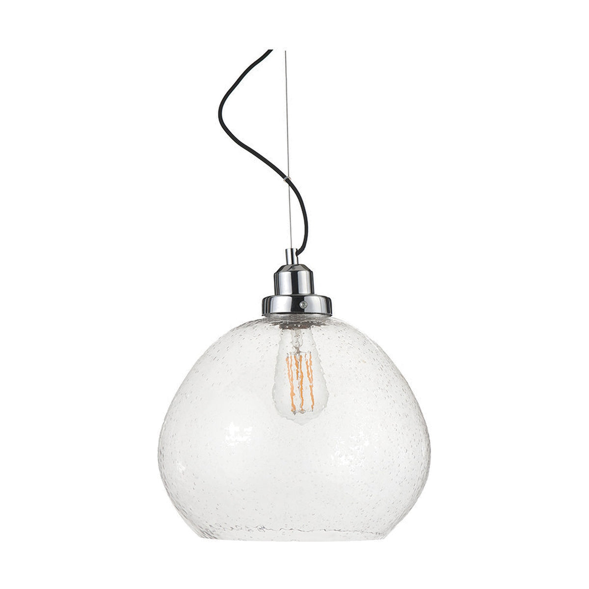 Beja Organic Shape Clear Bubble Glass Pendant Light, 30cm, with chrome fitting and visible filament bulb, suspended on a black cord against a plain white background.