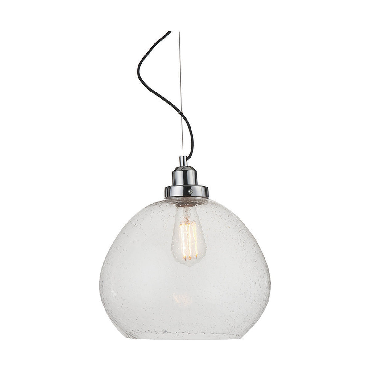 Beja Organic Shape Clear Bubble Glass Pendant Light, 30cm, with chrome fitting and black cable, shown with an exposed bulb on a white background.