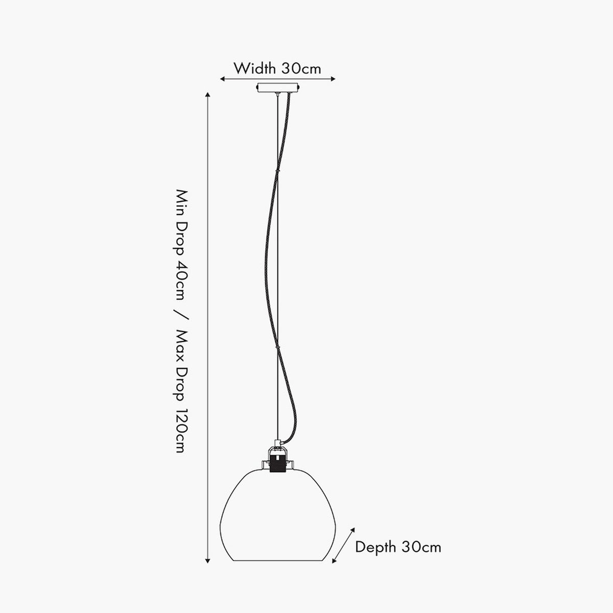 Technical diagram of the Beja Organic Shape Clear Bubble Glass Pendant Light showing 30cm width, 30cm depth, and adjustable drop from 40cm to 120cm.