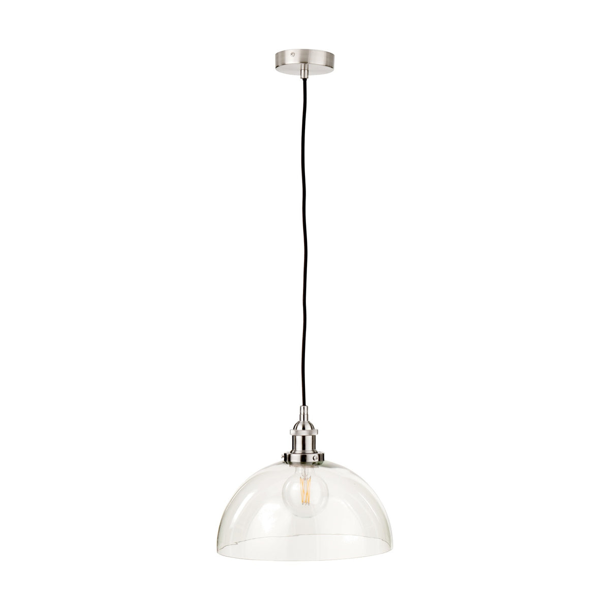 Cecilia dome pendant light with clear glass shade and antique silver metal fitting, hung from a black cord on a plain white background.