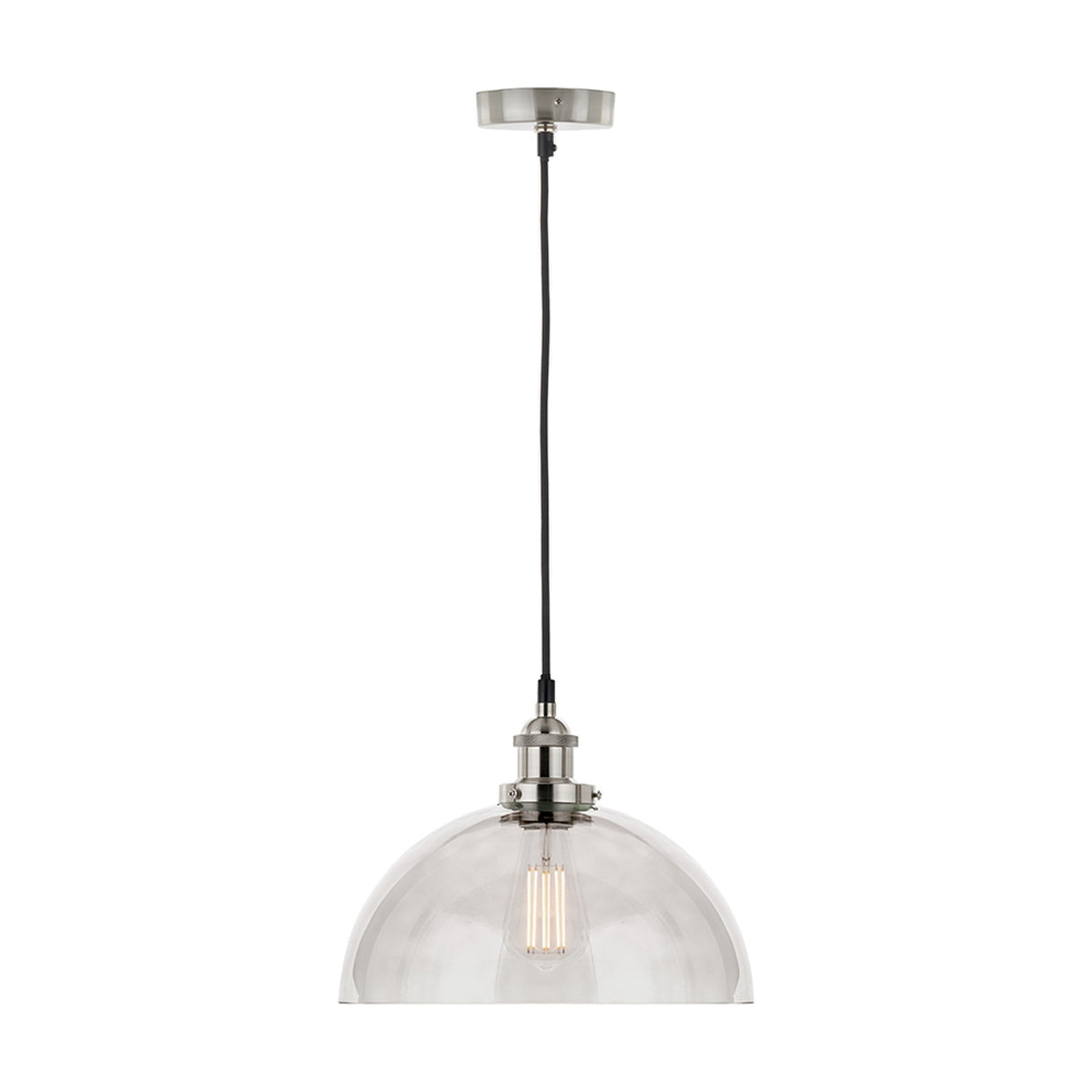 Cecilia dome pendant light, 30cm clear glass shade with antique silver iron fitting and black cord, shown on a plain white background.