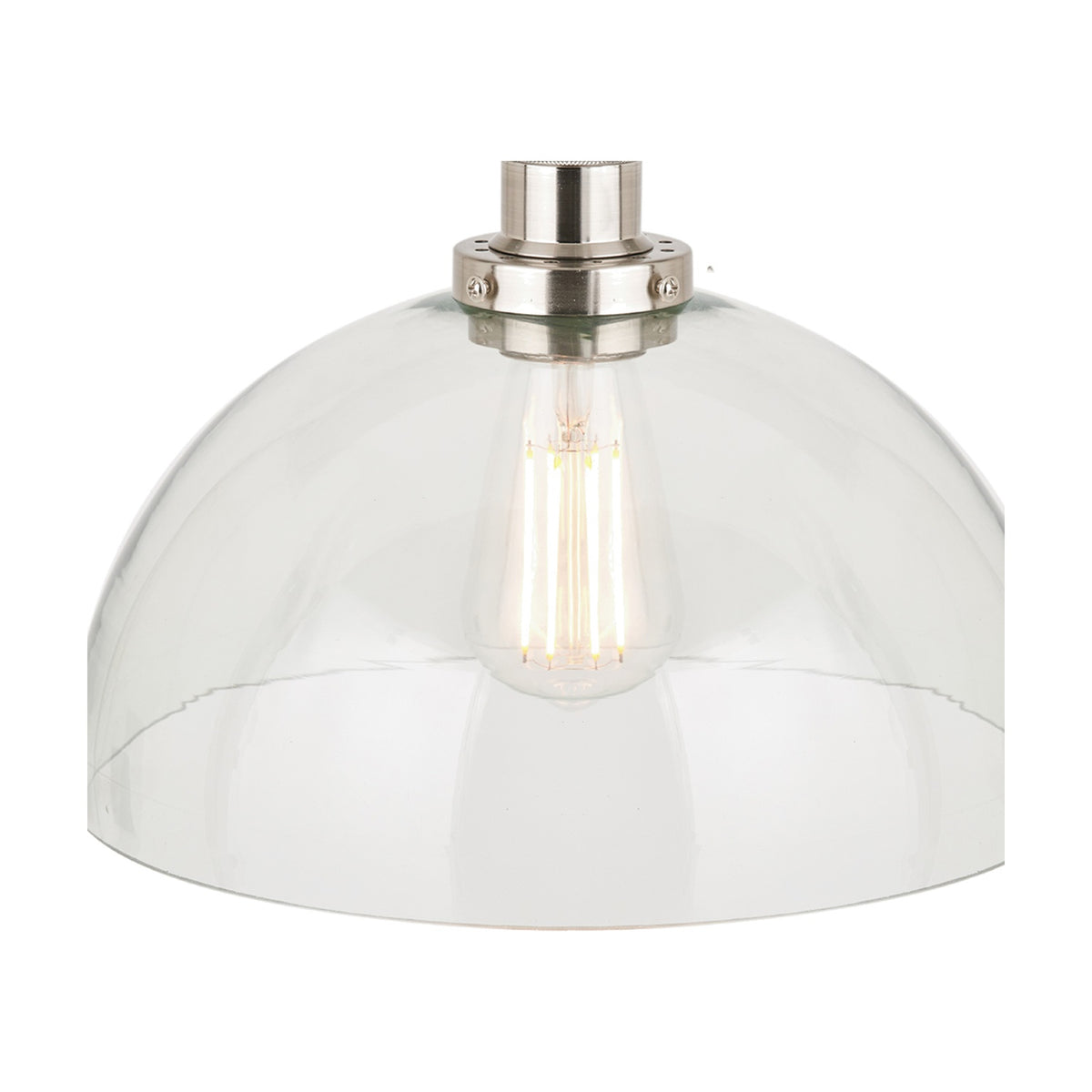 Cecilia clear glass dome pendant light, 30cm, with antique silver metal fitting and visible filament bulb, shown against a plain white background.