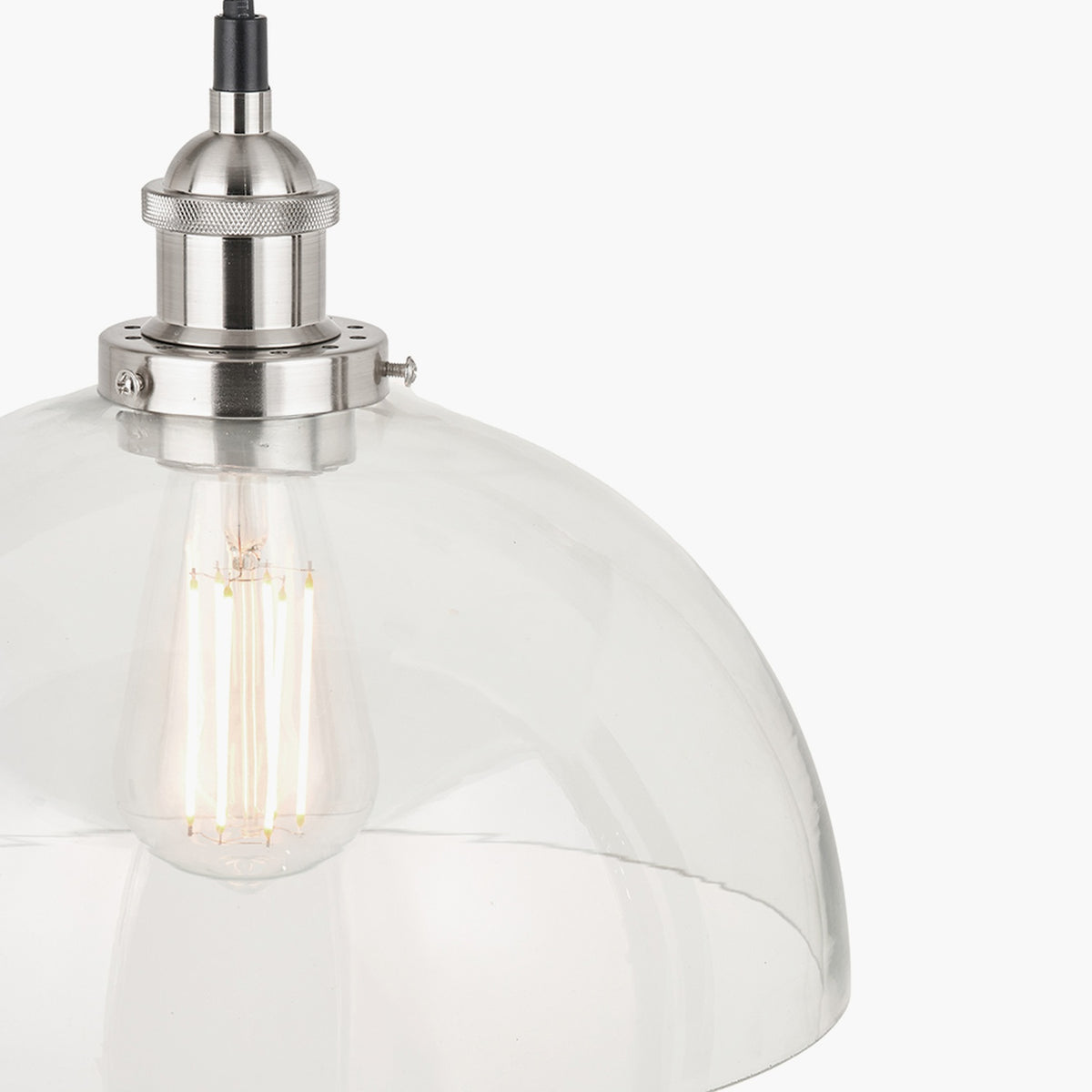 Cecilia Antique Silver Iron & Clear Glass Dome Pendant Light, 30cm, close-up of the metal fitter and exposed bulb against a plain white background.