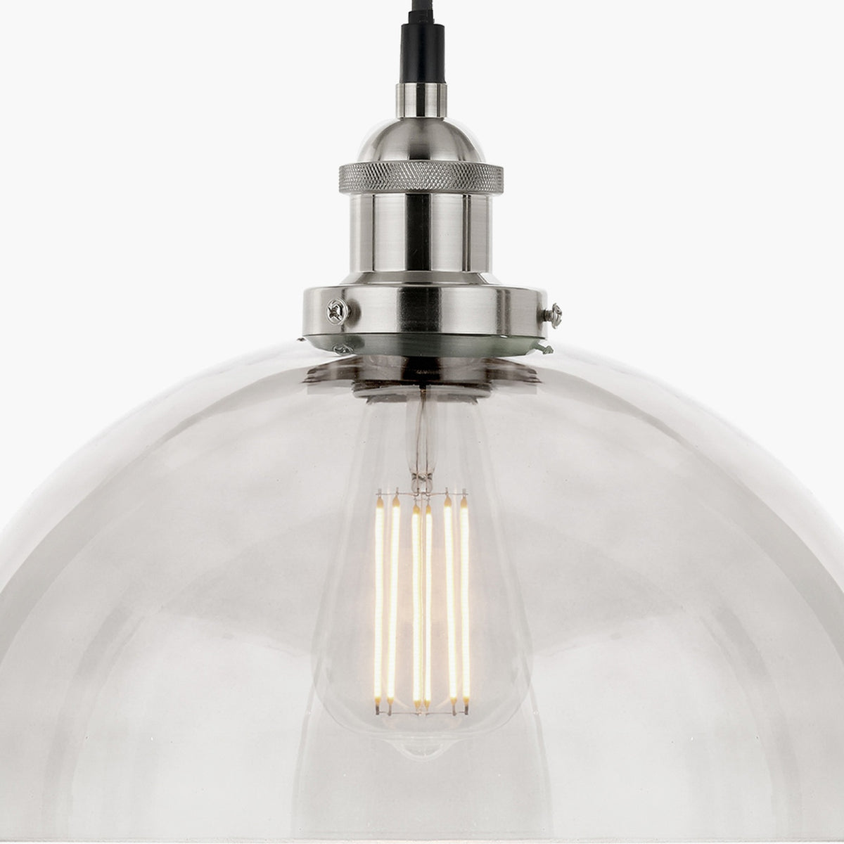 Cecilia dome pendant light in antique silver with clear glass shade, 30cm wide, showing a filament bulb and knurled metal fitting on a plain white background.