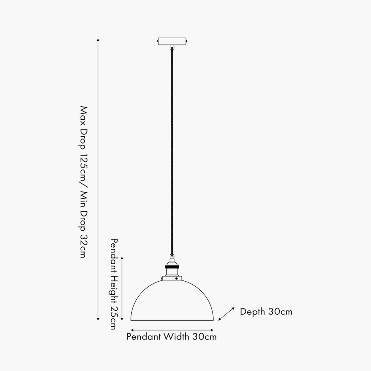 Line diagram of the Cecilia dome pendant light showing ceiling mount, cord, and metal shade with max drop 125cm, min drop 32cm, 25cm height, 30cm width and depth.