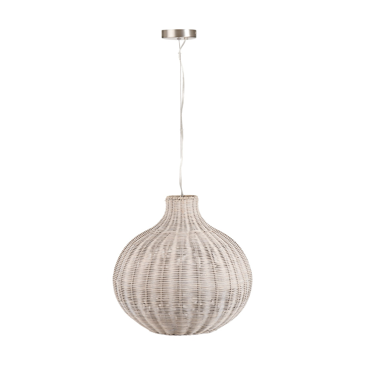 Allona Grey Wash Rattan Pendant Light, 40cm, rounded woven shade on a long white cord with brushed metal ceiling cap, shown against a plain white background.