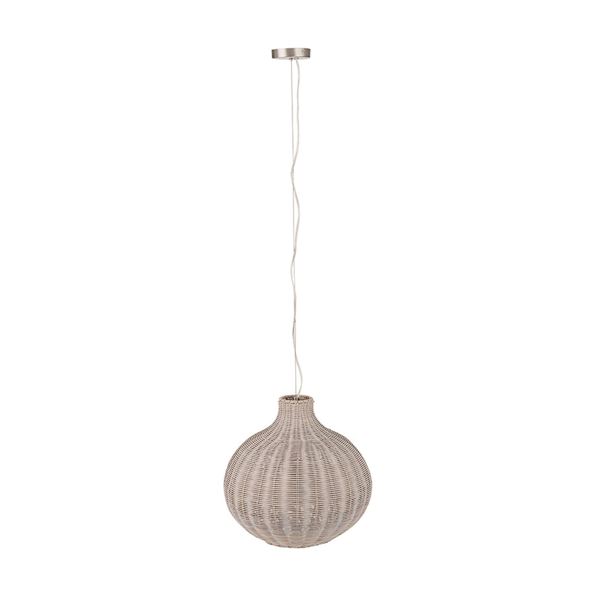 Allona Grey Wash Rattan Pendant Light, 40cm, with a rounded woven shade tapering to a narrow neck, hung from a long cord with ceiling rose, on a plain white background.