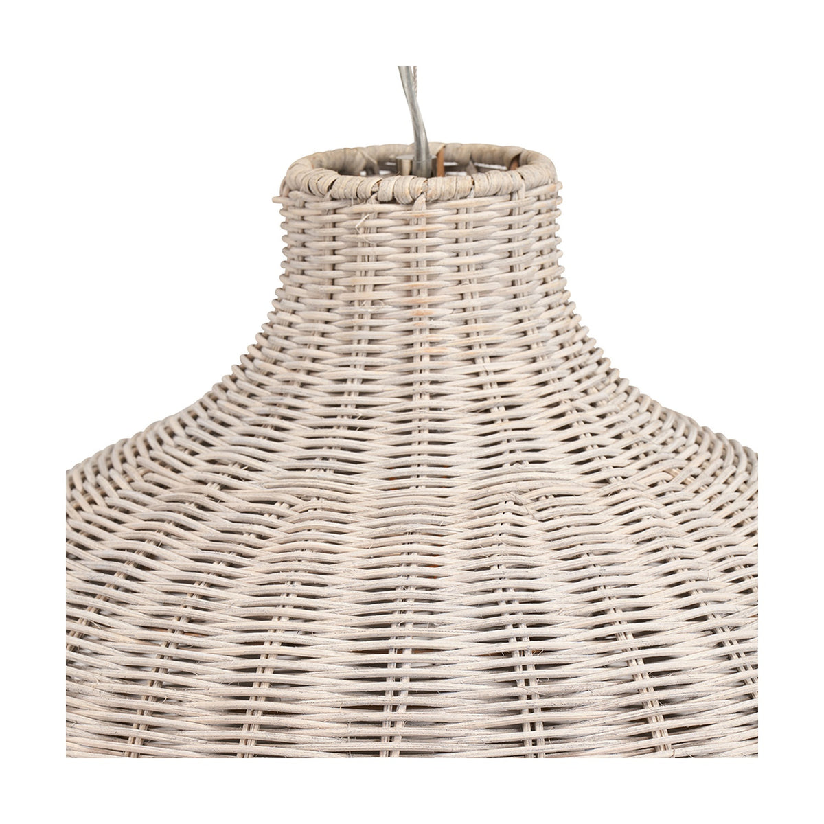 Allona Grey Wash Rattan Pendant Light, 40cm, close-up of the woven rattan shade with narrow neck and visible cable, shown against a plain white background.