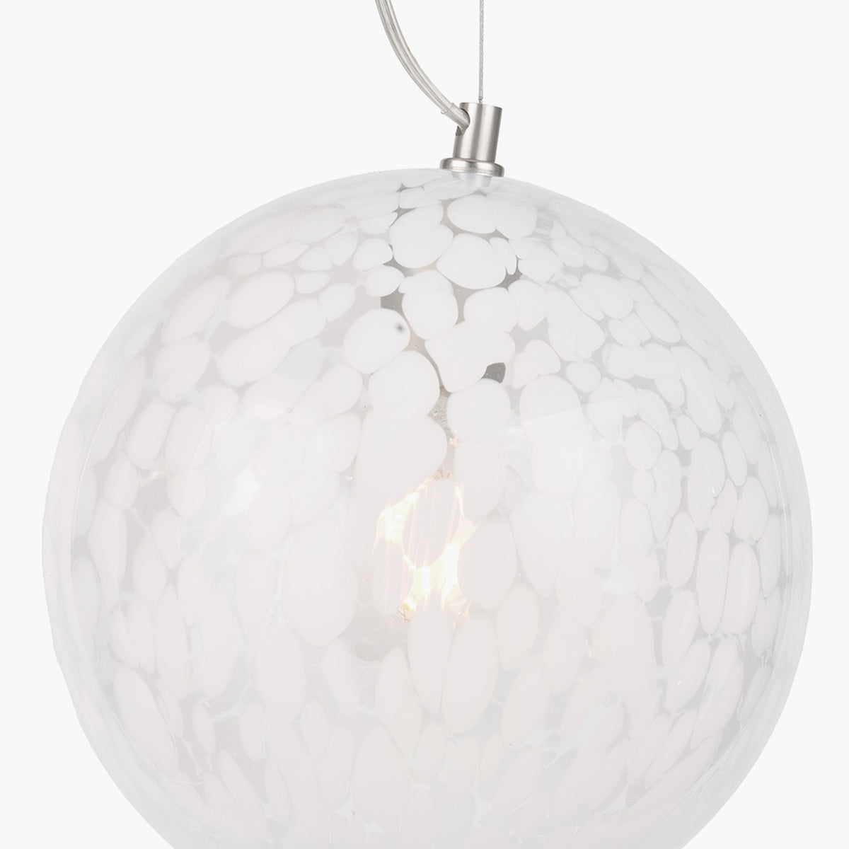 Aurora Speckled White Glass Pendant Light, 25cm globe shade with mottled white pattern and brushed metal fitting, lit bulb visible, on a plain white background.