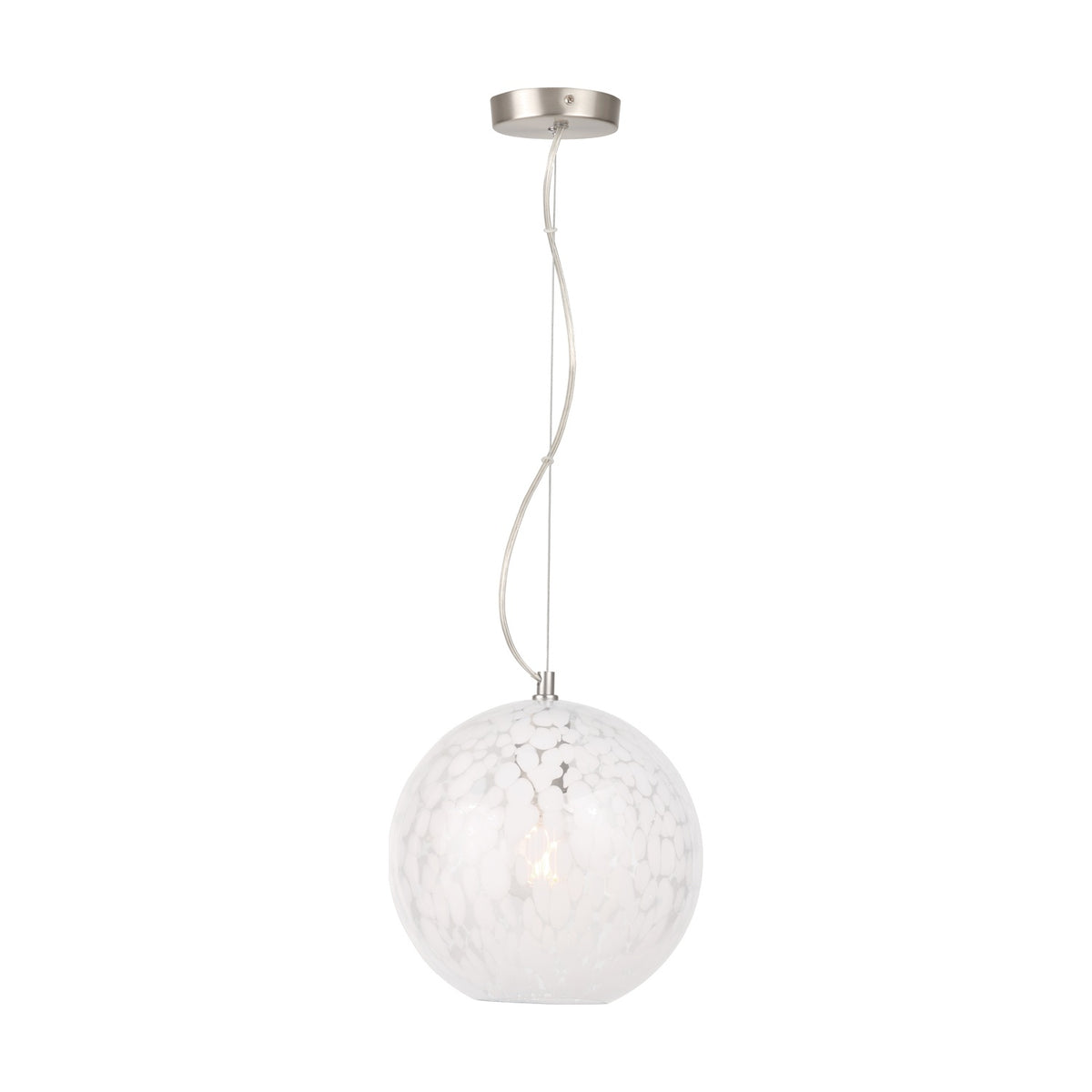 Aurora Speckled White Glass Pendant Light, 25cm globe shade on a brushed metal ceiling rose with visible cord, shown against a plain white background.