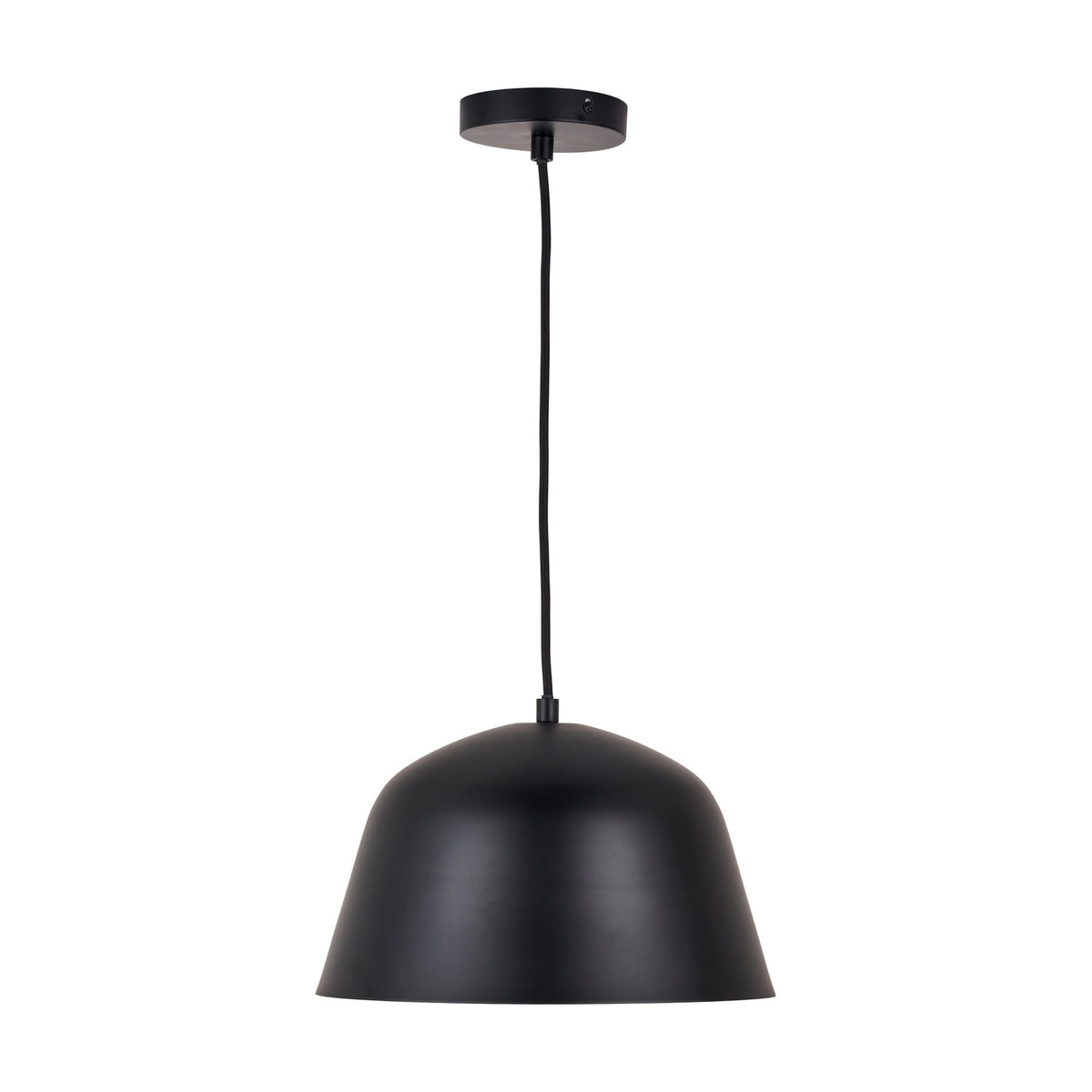 Amalie Black Metal Retro Pendant Light, 30cm dome-shaped steel shade with black cord and ceiling rose, shown on a plain white background.