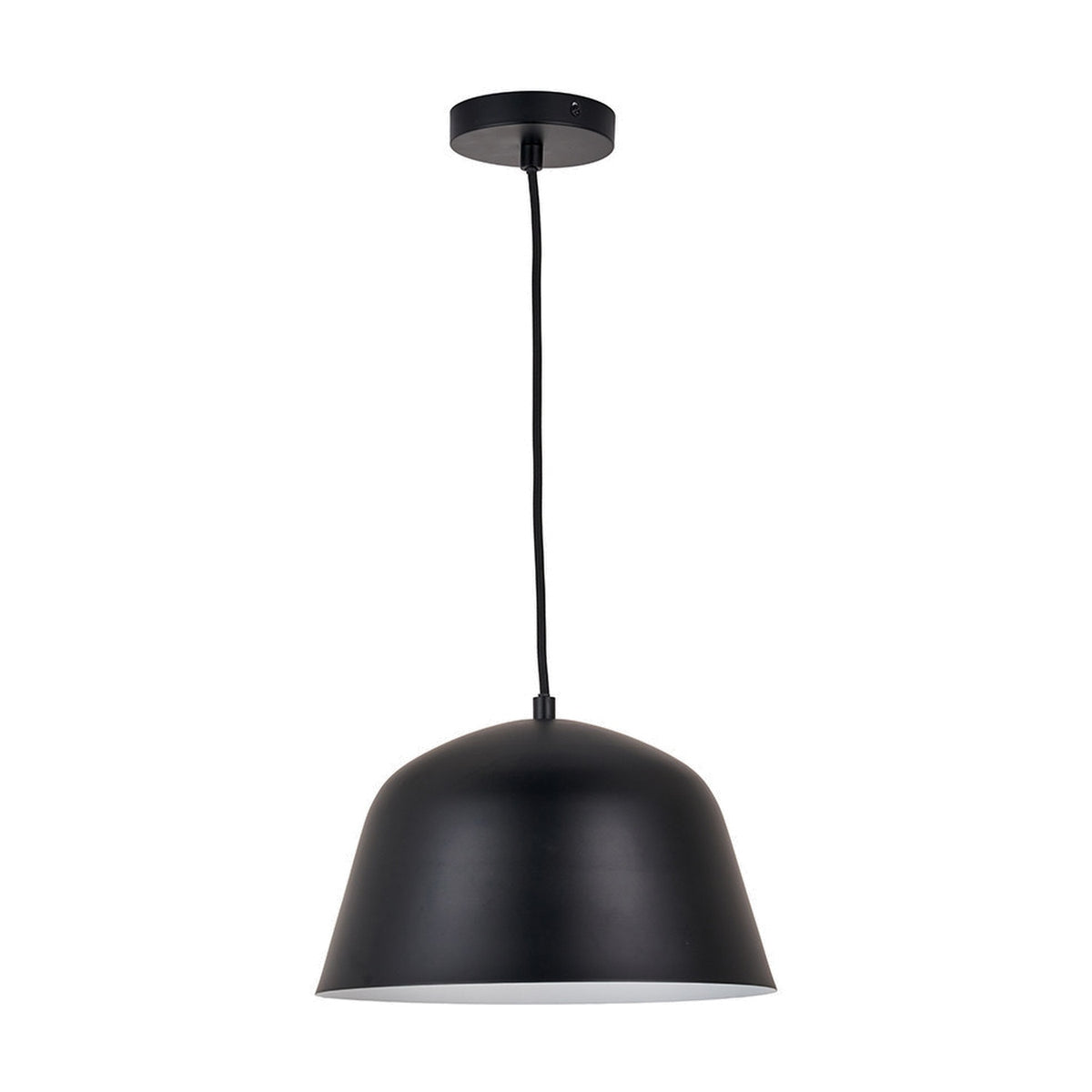 Amalie Black Metal Retro Pendant Light - 30cm, a dome-shaped steel ceiling pendant with white interior and black cable drop, shown on a plain white background.
