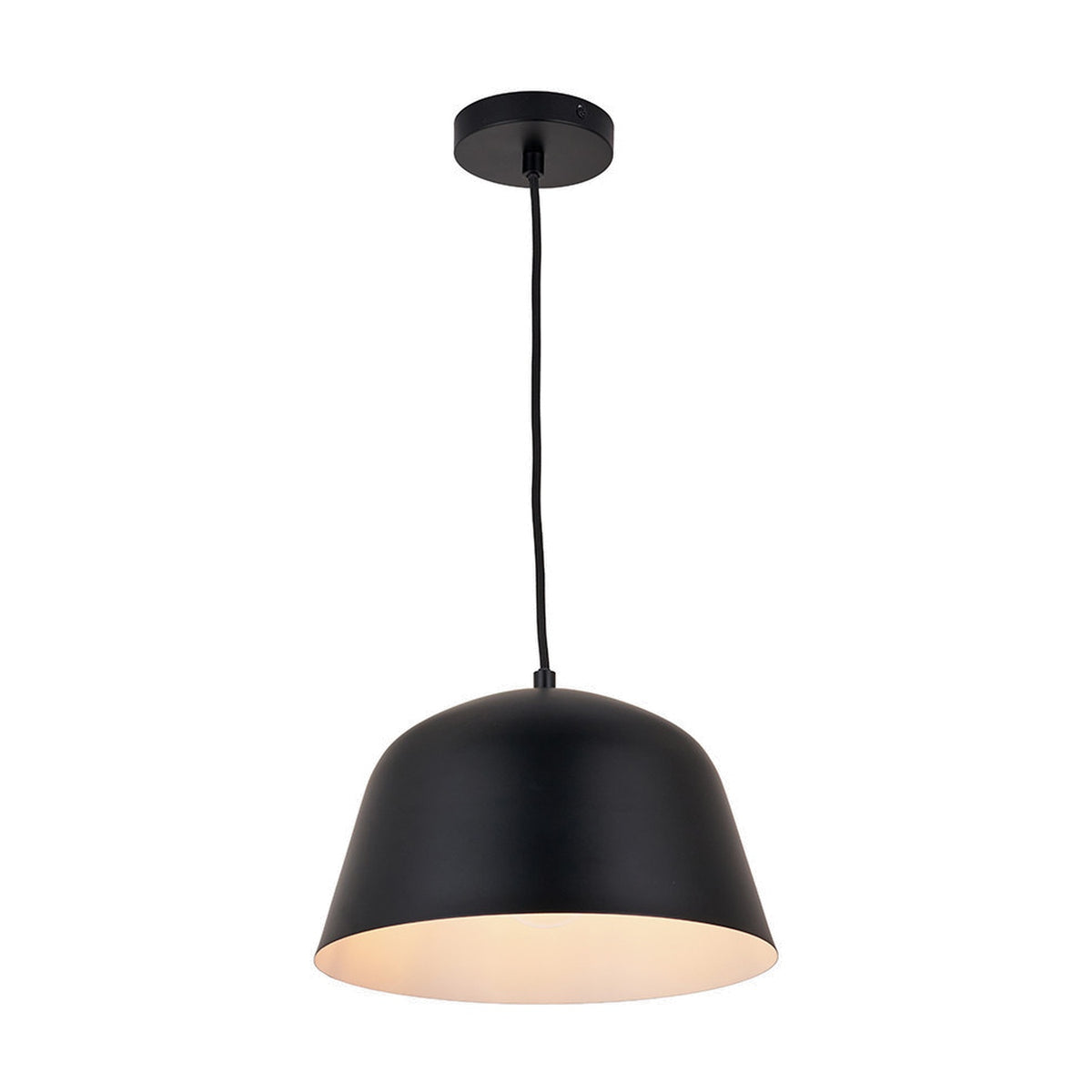 Amalie Black Metal Retro Pendant Light, 30cm wide dome-shaped steel shade with white interior on a black cord and ceiling rose, shown on a plain white background.