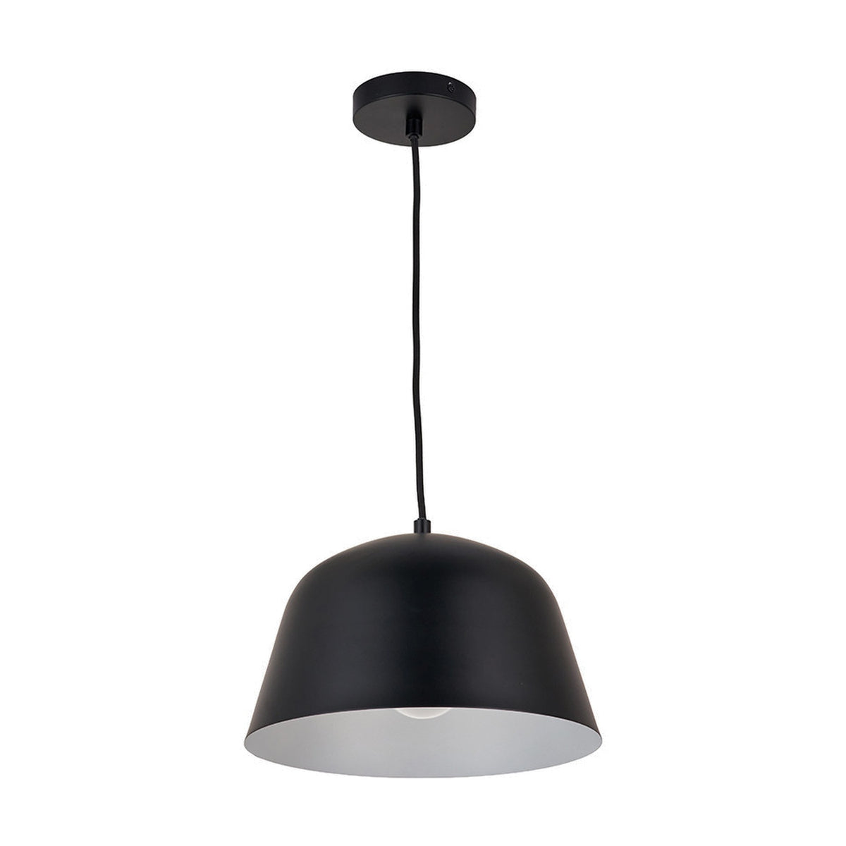 Amalie Black Metal Retro Pendant Light, 30cm wide dome-shaped steel shade with white interior on a black cord and ceiling rose, shown on a plain white background.