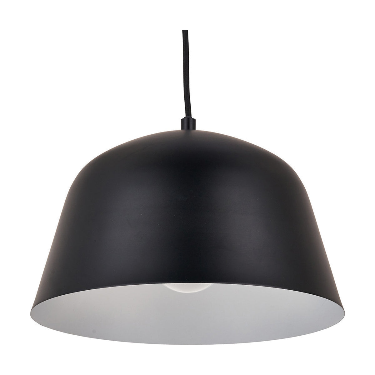 Amalie Black Metal Retro Pendant Light, 30cm wide dome shade in matte black steel with white interior, shown on a plain white background.