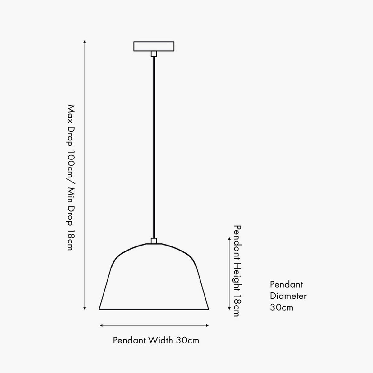 Line drawing of the Amalie Black Metal Retro Pendant Light showing dome shade with ceiling rose, cord, and dimensions: 30cm width, 18cm height, 18–100cm drop.