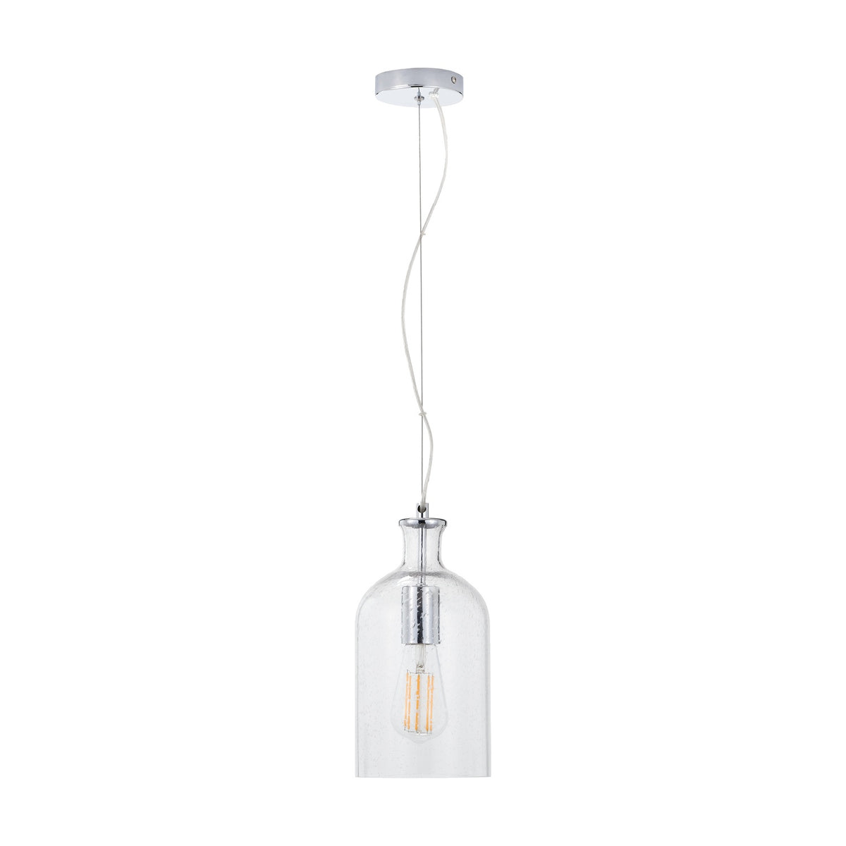 Bellamy Clear Glass Bubble Pendant Light, 15cm, with chrome fittings, white cable, and a visible Edison bulb, shown against a plain white background.