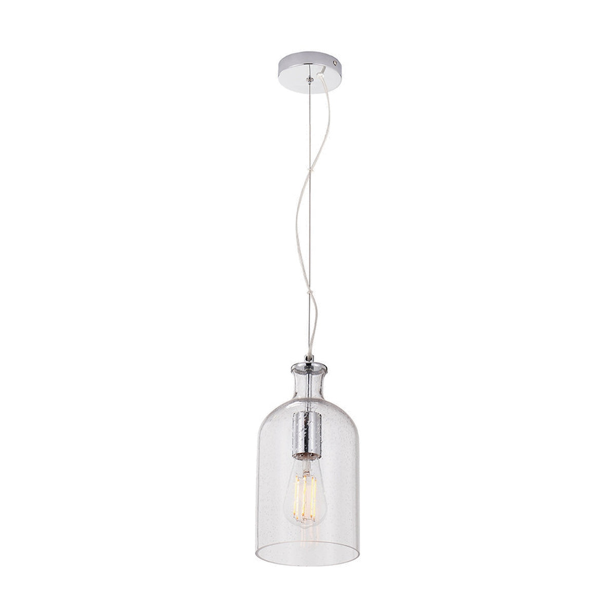 Bellamy Clear Glass Bubble Pendant Light, 15cm, with a seeded cylindrical shade and chrome fitting on a long cord, shown against a plain white background.
