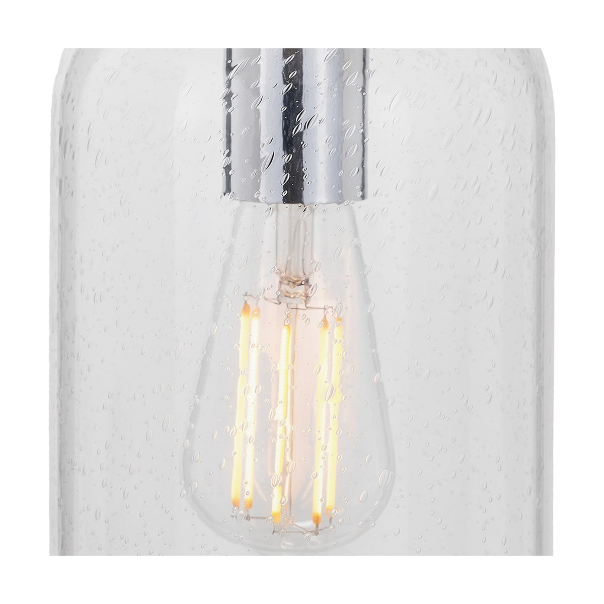 Close-up of the Bellamy Clear Glass Bubble Pendant Light, 15cm, showing the seeded glass shade with chrome fitting and exposed filament bulb inside.