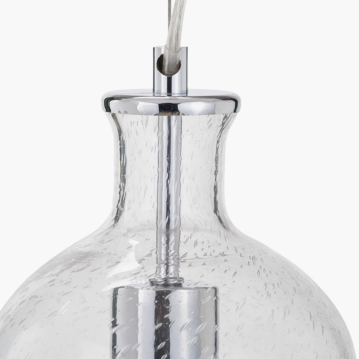 Close-up of the Bellamy Clear Glass Bubble Pendant Light, 15cm, showing textured bubble glass and chrome ceiling fitting against a white background.